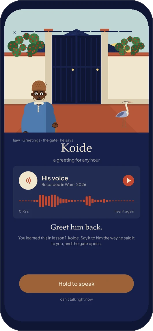 The gate: the elder greets you for the hour, koide, and you greet him back. The gate opens when you do.