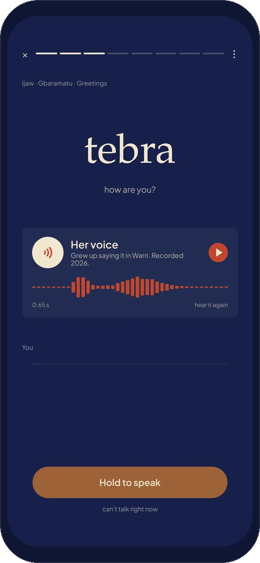 A Creeks lesson card: the word, what it means, the voice that said it, and the hold to speak button